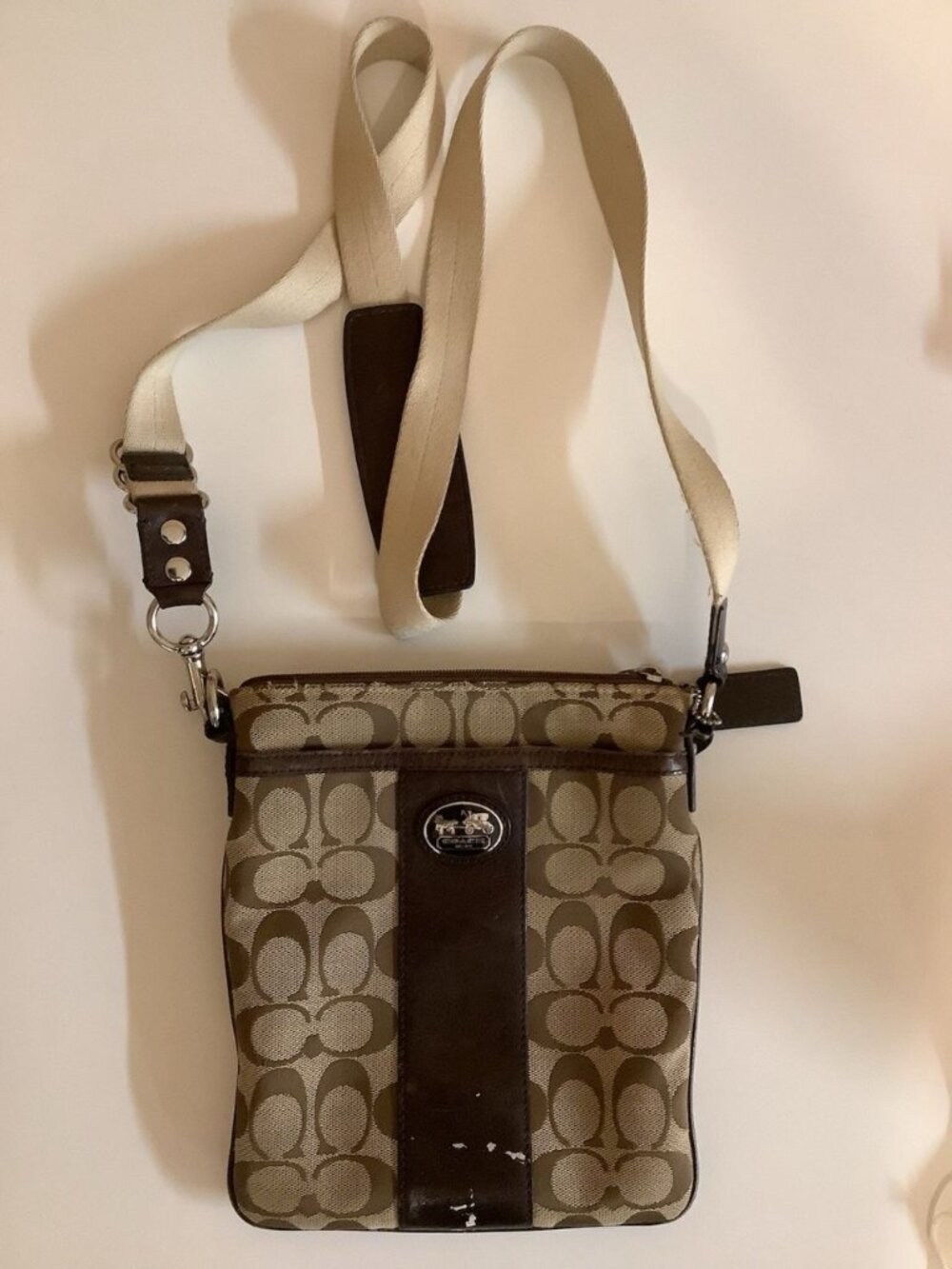 Coach Khaki Legacy Signature Stripe Swingpack Crossbody Bag W/Hang Tag, Dust Bag